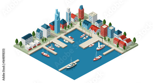Coastal city marina in isometric design with colorful buildings and boats
