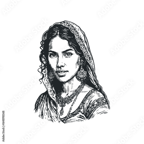 Indian Woman Portrait Wearing Traditional Jewelry and Headscarf