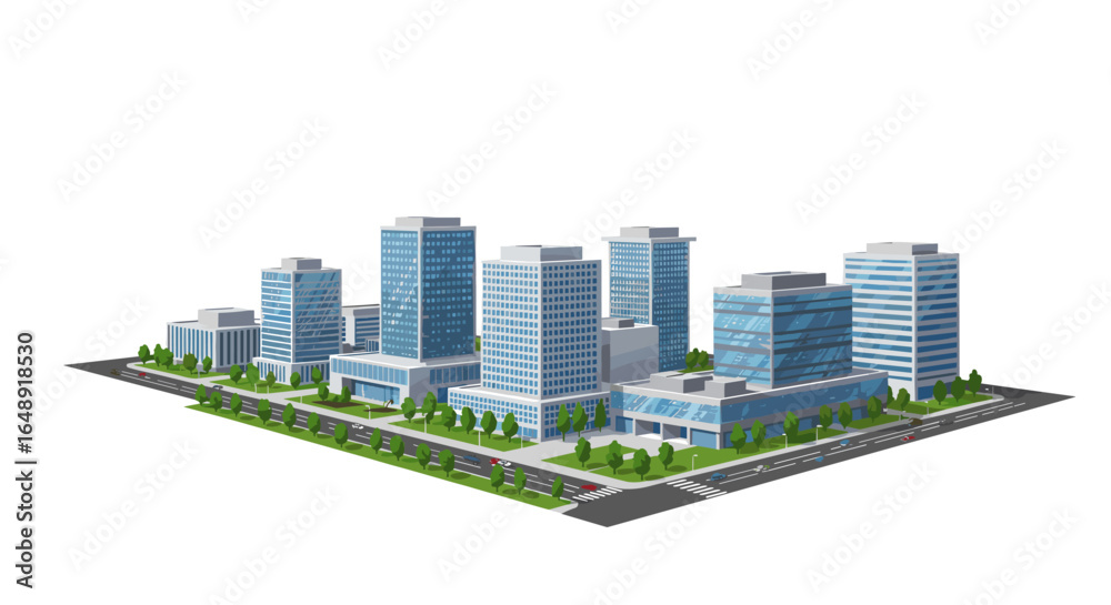 Fototapeta premium Modern urban cityscape with skyscrapers and streets in isometric style