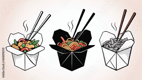 Three containers of steaming Asian takeout food with chopsticks vibrant and delicious concept illustration for food blogs and restaurant menus and fast food advertising