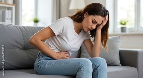 Young woman experiencing stomach pain and headache sitting on sofa at home
