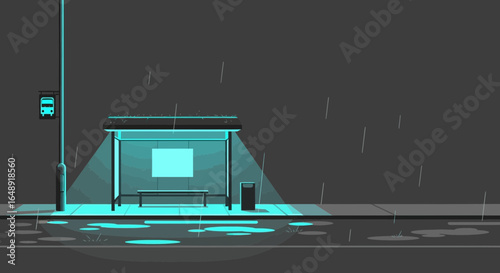 Bus Stop At Night In The Rain Minimalist Urban Scene Illustration