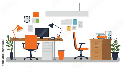 Modern office workspace with minimalist design and vibrant orange accents