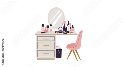 Modern minimalist makeup vanity with chair and cosmetics
