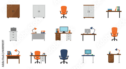 Modern office furniture collection: desks, chairs, storage solutions
