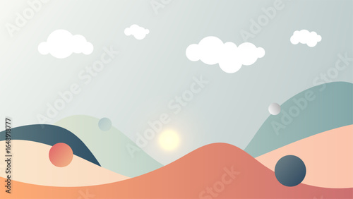 landscape illustration with rolling hills in pastel tones under sunny sky and fluffy clouds modern whimsical countryside art nature scene for travel decor rural tourism and peaceful inspiration