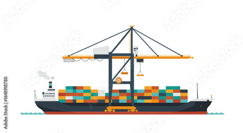 Cargo ship with shipping containers and crane in flat design