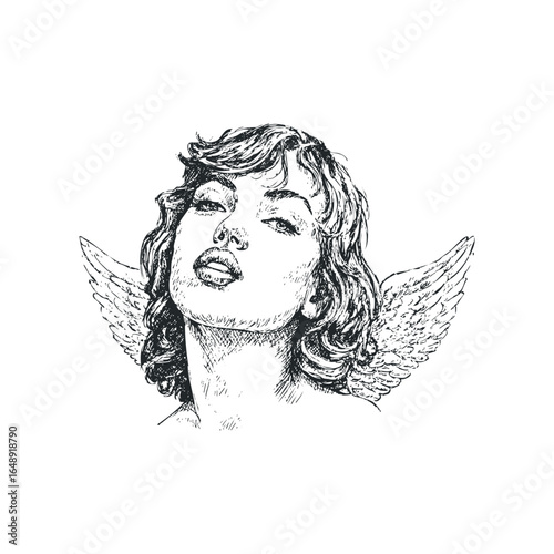 Vintage angel drawing with textured wings and dramatic lighting