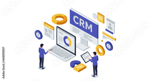 Isometric crm software concept with businesspeople and technology elements