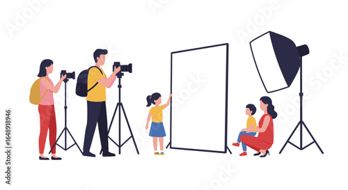 Photography studio setup with family and professional camera equipment