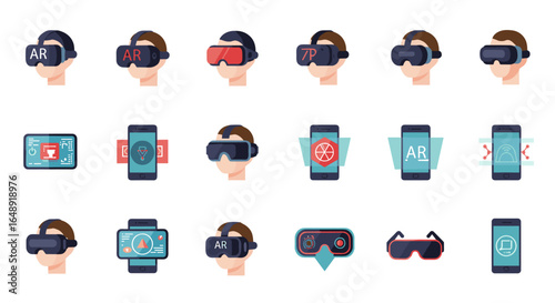 Virtual reality and augmented reality icons in flat style for digital technology and innovation