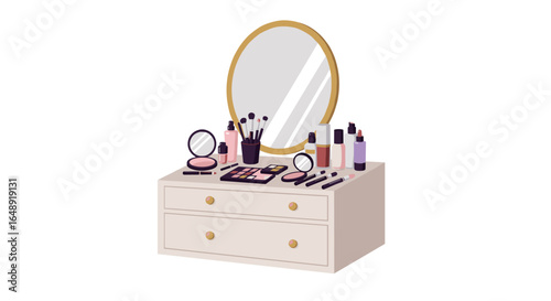 Elegant dressing table with makeup essentials in a modern flat style