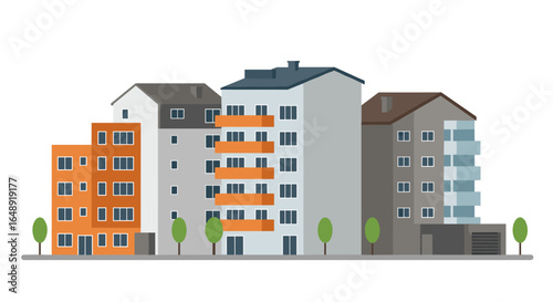 Modern apartment buildings with trees in urban cityscape