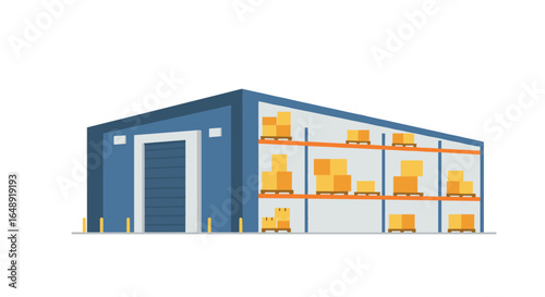 Modern warehouse with stacked boxes and loading dock in flat design