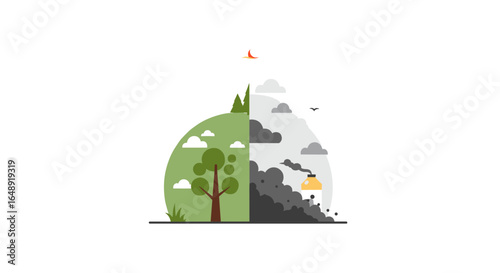Contrasting environments: lush nature versus industrial pollution in flat design