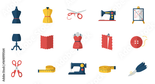 Tailoring tools and dress forms seamstress icons set