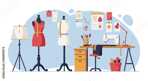 Fashion studio workspace with sewing machine, dress forms, and tools in flat design