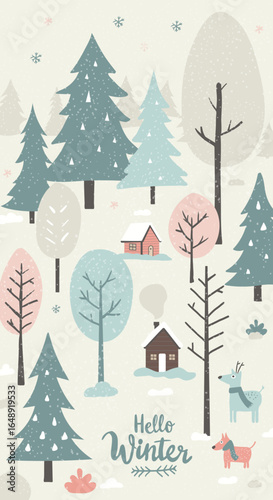 Hello Winter greeting card with cozy houses, snowy trees, and cute dogs. Christmas or new year festive celebration.