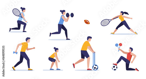 Diverse sports activities scene with people engaging in various athletic exercises