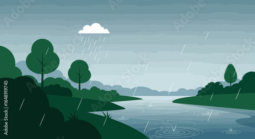 Calm Rainy Day Landscape With River And Trees In Minimalistic Style