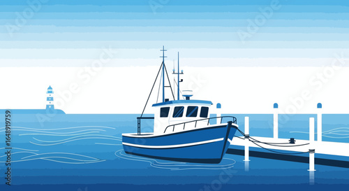 Blue Trawler Docked Calm Waters Near Pier At Coastal Town With Lighthouse