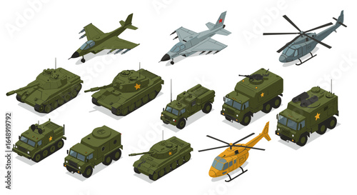 Isometric military vehicles and aircraft collection in detailed design