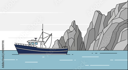 Boat Sailing Near Rocky Coastline Illustration For Commercial Use Vector Image