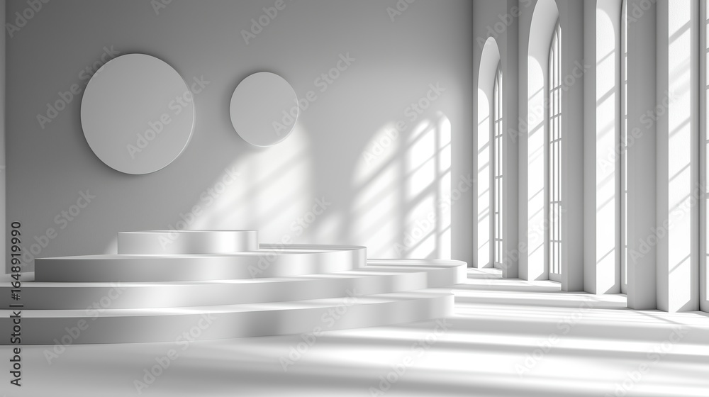 Obraz premium Minimalist Product Display: Three Podiums on Abstract White Background with Geometric Shadows for Spatial Depth
