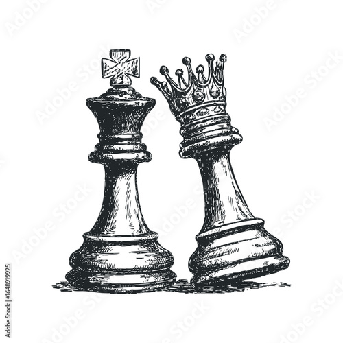 Sketch of two chess kings, one standing upright and the other leaning