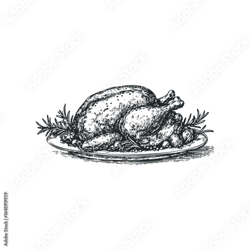Detailed Hand Drawn Roasted Chicken Dish with Herbs and Garnish on Plate