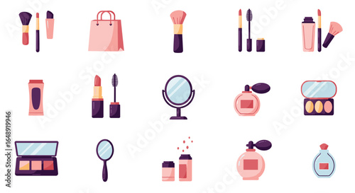 Stylish makeup icons collection: brushes, lipstick, perfume, and more in minimal design