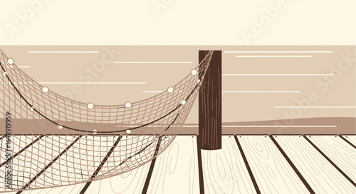Calming Coastal Scene Depicting Fishing Net on Dock Overlooking the Ocean
