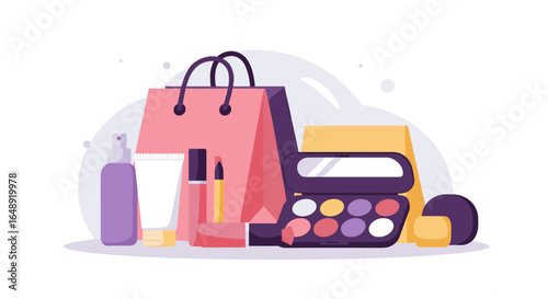 Flat shopping bag and cosmetic items illustration with makeup products