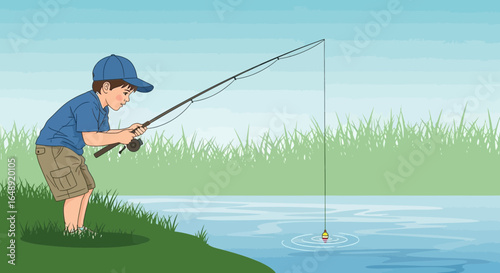 Boy Angling Calmly By The Lakeside Enjoying Recreational Pursuit In Summer Time
