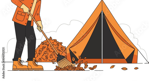 Camper Cleans Up Fallen Leaves From Campsite In Autumn Season