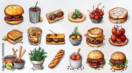 Wallpaper Mural Finger Food Sketch Collection with Tapas and Canapes Illustrated in Hand Drawn Style for Culinary Design Concepts Torontodigital.ca