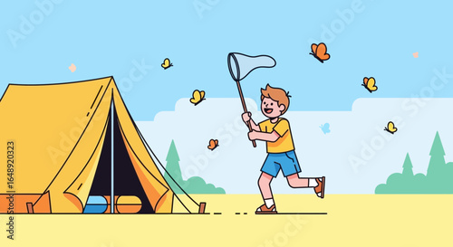 Boy Chasing Butterflies On A Summer Camping Trip A Cartoon Illustration