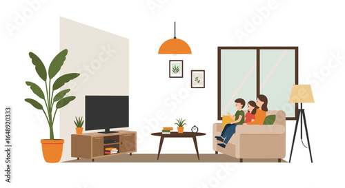 Cozy family living room with modern decor and indoor plants