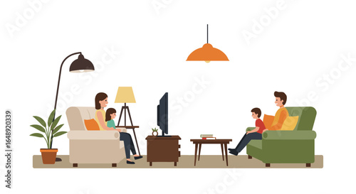Family watching tv together at home in cozy living room setting
