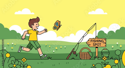 Boy Chasing Butterfly In The Countryside Near Fishing Spot Full Of Joy