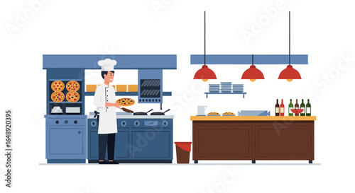 Chef preparing pizza in modern restaurant kitchen with cooking equipment and ingredients