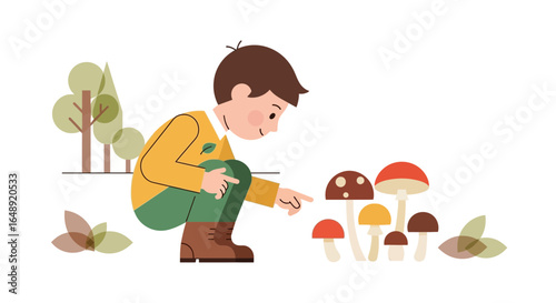 Boy Discovering Colorful Mushrooms In The Woods During An Autumn Adventure