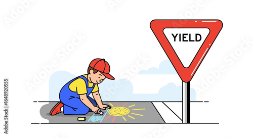 Boy Drawing With Chalk On Street Near A Yield Sign For Safety Awareness