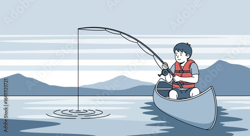 Boy Enjoying A Peaceful Fishing Trip In A Canoe On A Calm Lake