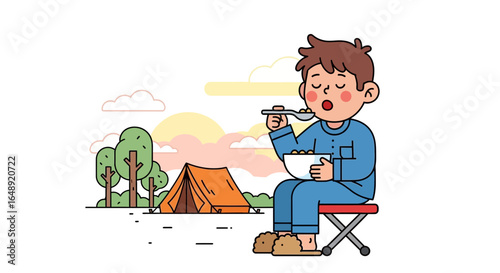 Boy Enjoying Breakfast While Camping Outdoors Early In The Morning