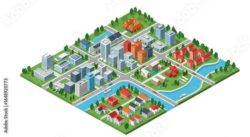 Modern isometric cityscape with buildings, roads, and river in vibrant urban setting