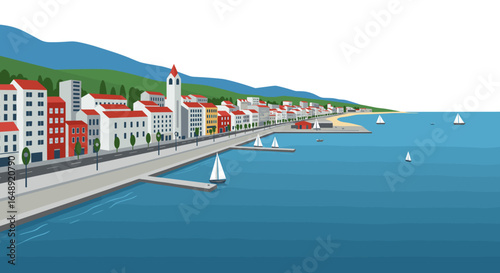 Coastal cityscape with colorful buildings and sailboats in a flat design
