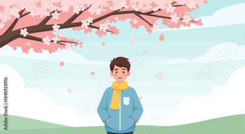 Boy Enjoying Spring Under Blooming Cherry Tree In Peaceful Scenery