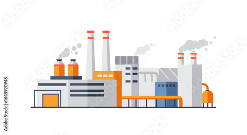 Modern flat design industrial factory with smoke and chimneys on white background