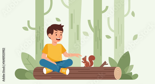 Boy Enjoys Forest Scenery Sitting on Log Meeting Squirrel in Harmony